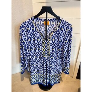 Ruby Rd Blue & Yellow Geometric Tunic Top Women's Sz L